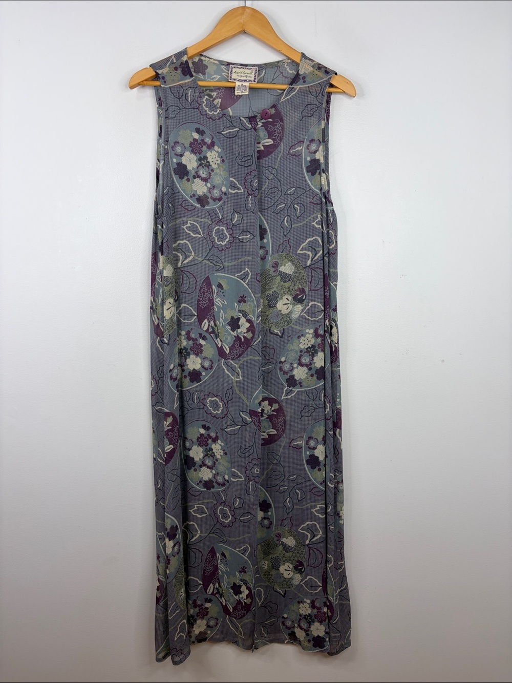 Vintage April Cornell Dress Womens Medium Gray Purple Sheer Chiffon Floral Maxi